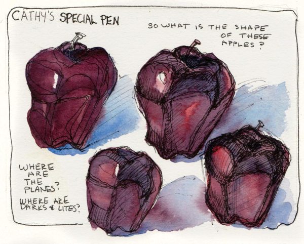 Study for "Leaning and Learning Apples," ink & watercolor
