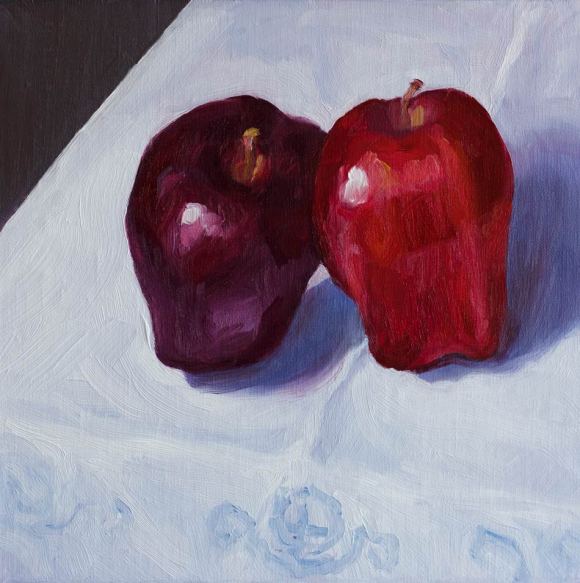 "Leaning Learning Apples", oil on linen, 8x8"