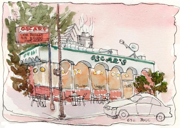 Oscars Burgers at Sunset, Berkeley, ink & watercolor