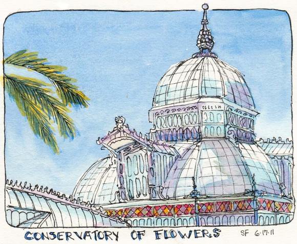 Conservatory of Flowers, Golden Gate Park, ink & watercolor, 5x7"