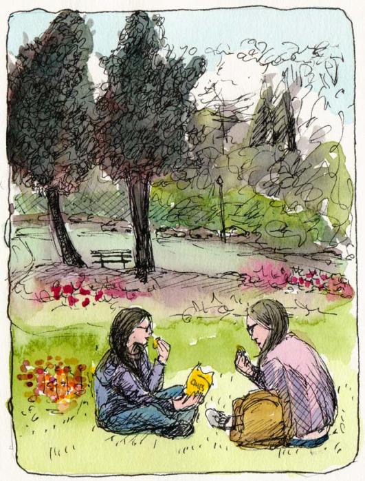 Girls Picnic  in Golden Gate Park, ink & watercolor, 7x5"