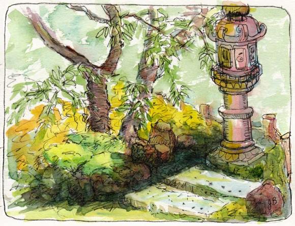 View from Teahouse in Japanese Tea Garden, ink & watercolor, 5x7"