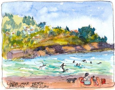 Linda Mar Beach, ink & watercolor, 5x7"