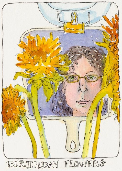 Birthday Flowers Self Portrait, ink & watercolor, 7x5"
