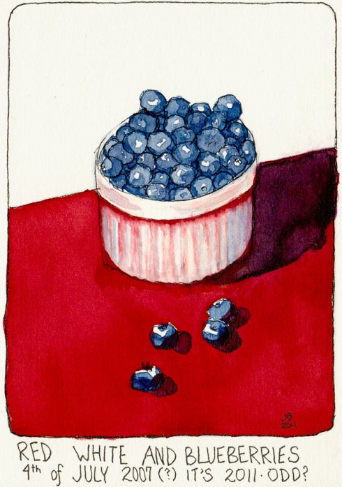 Red, White and Blueberries, ink & watercolor, 7x5"