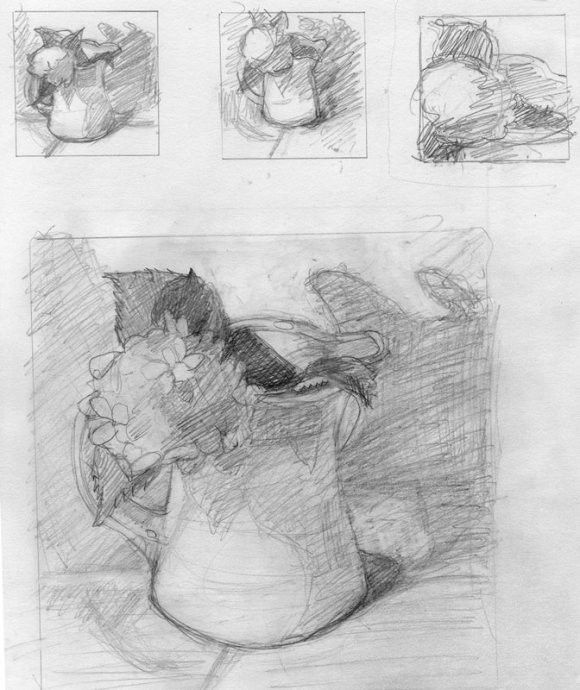 Hydrangea and pitcher preliminary sketches