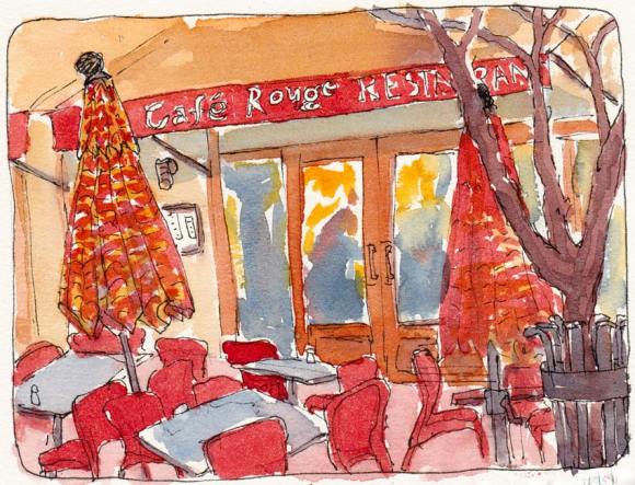 Cafe Rouge at Sunset, Ink & watercolor, 5x7"