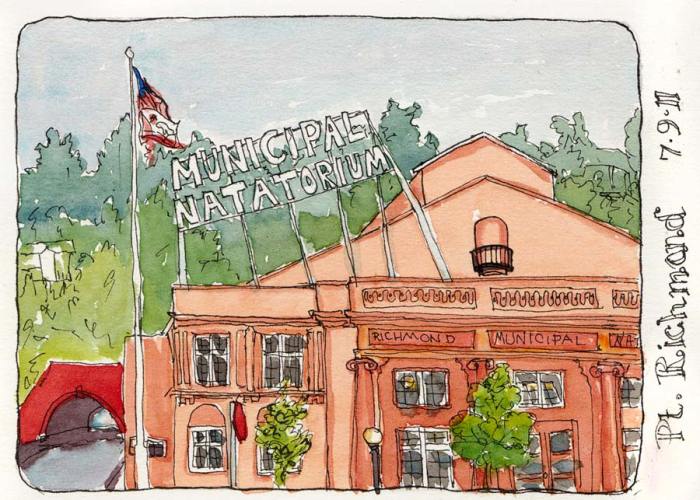 Richmond Plunge (AKA Natatorium), ink & watercolor 5x7"