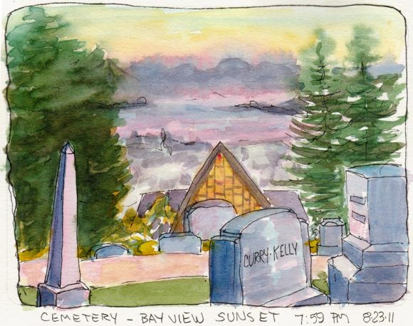 View of the Chapel, the flat lands and the Bay from the cemetery, ink & watercolor 5x7"