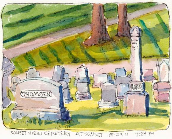 Sunset View Cemetery shadows, ink & watercolor, 5x7"