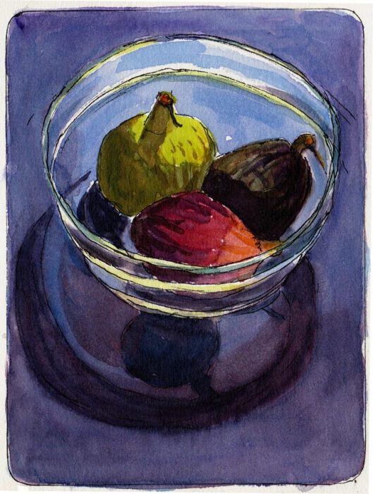 Figs in glass bowl in sun, ink & watercolor, 7x5"