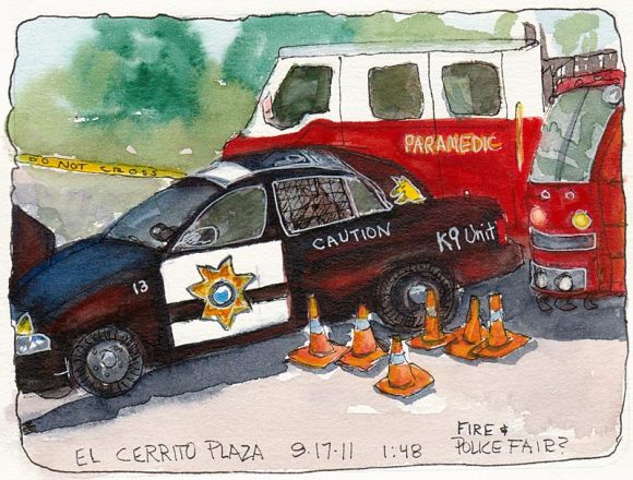 K-9 Unit, Paramedics and Fire Truck, ink & watercolor, 7x5"
