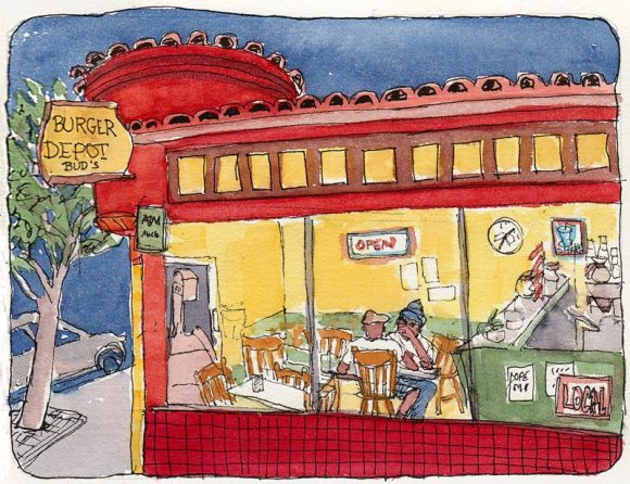 Burger Depot, Ink & watercolor, 5x7"