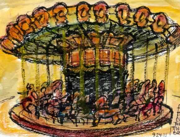 Carousel structure, ink & watercolor, 7x5"
