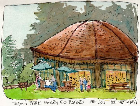 Tilden Park Carousel, ink & watercolor 5x7"
