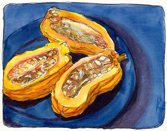 Delicata cut, ink & watercolor, 7x5"