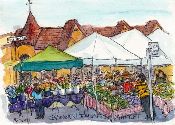 Kensington Farmers's Market, Ink & watercolor, 7x5"
