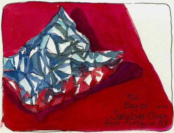 Foil bag of potato chips, ink & watercolor, 5x7"