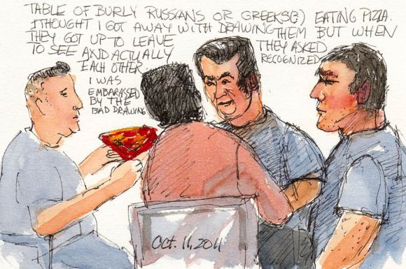 Eating pizza, ink & watercolor, 5x7"