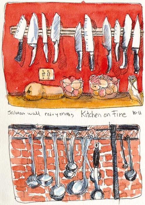 Kitchen on Fire Tools, ink & watercolor, 7x5"