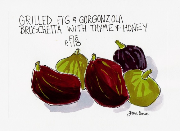 Grilled Fig Bruschetta table card, ink & gouache, 5x7"