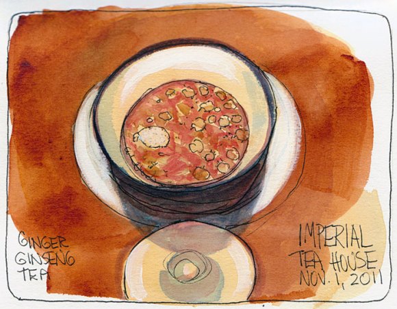 Tea with floaty stuff in it, ink & watercolor, 7x5"