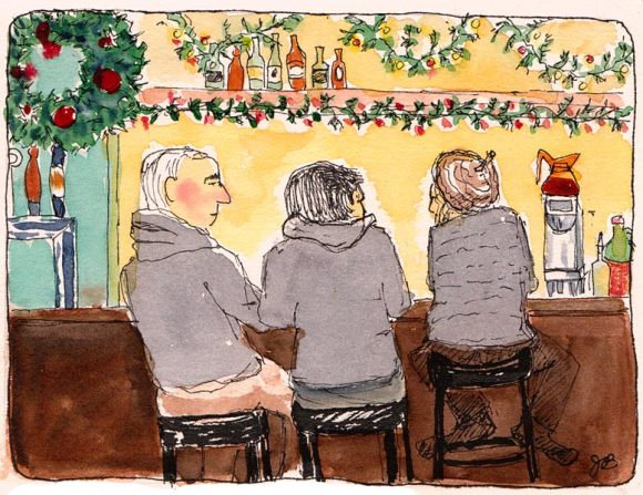 Brennan's Bar Decked Out for Xmas, ink & watercolor
