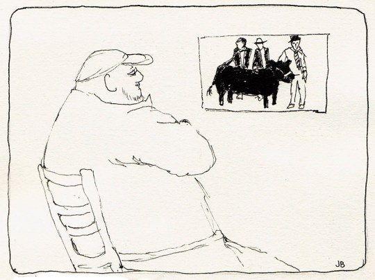 Big Guy and Photo of Prize Steers, ink, 5x7"
