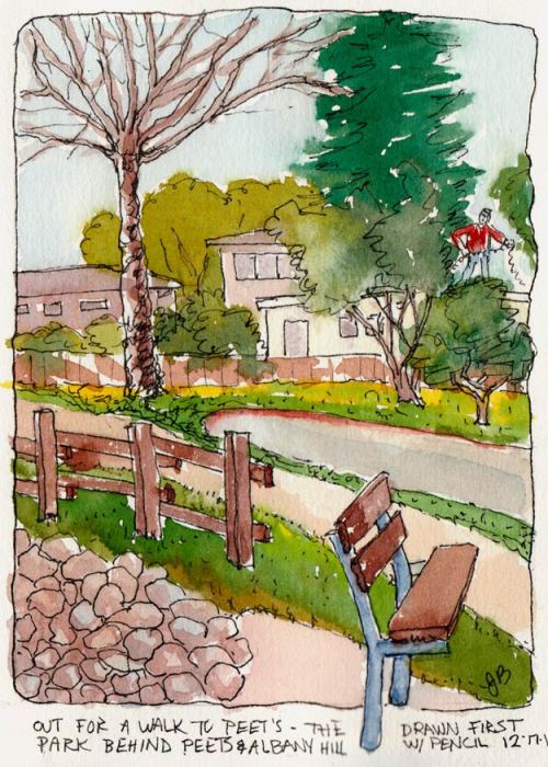 Putting Up the Xmas Lights by the Park, Ink & watercolor, 7x5"