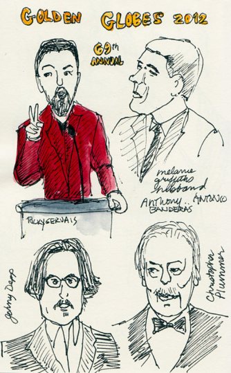 Golden Globes: Gervais, Depp, Banderas, Plummer, ink & watercolor 8x6"