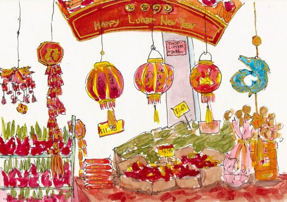 Happy Lunar New Year ink & watercolor sketch