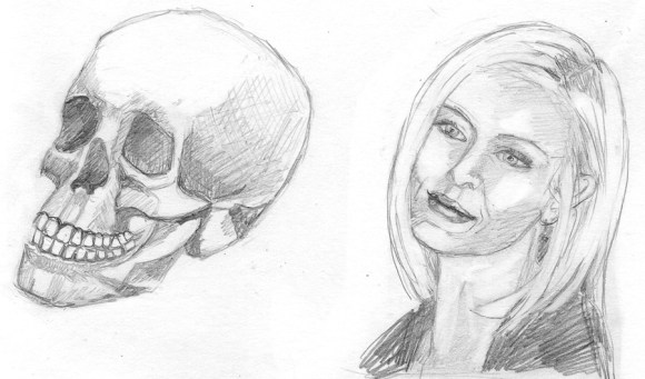 3/4 View Skull and Pretty Girl, HB pencil, 4x6"