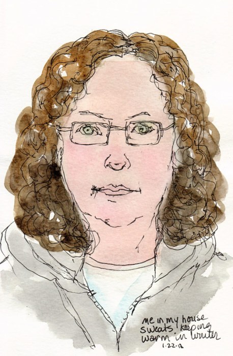 Self portrait with grey sweatshirt, ink & watercolor, 7x5"