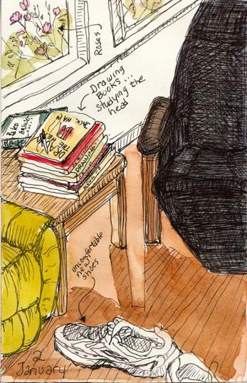 Livingroom with books and shoes, ink & watercolor, 6x4"