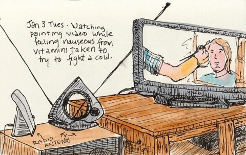 TV and antenna, ink & watercolor, 4x6"