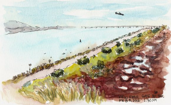 Oakland Airport View, ink & watercolor 5x7"