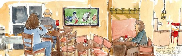 Superbowl at the Scottsdale Holiday Inn, ink & watercolor, 5x16"
