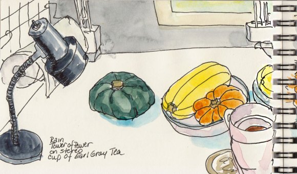Lamp and squash on right side of table & sketchbook, ink & watercolor, 4x6"