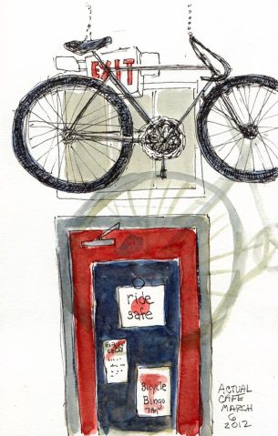 Actual Cafe: Bike Hangs From Ceiling, Ink & watercolor, 8x5"