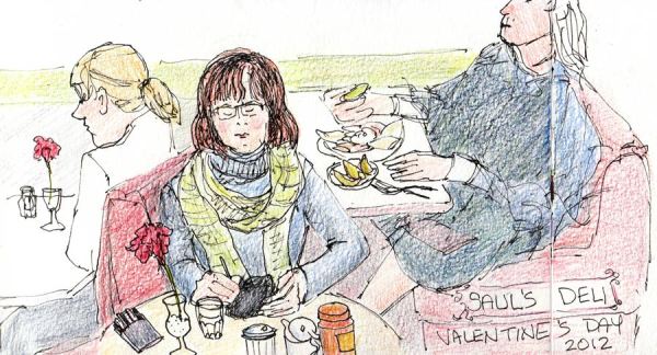 Saul's Valentines Day Dinner, ink & colored pencil, 5x9.5"