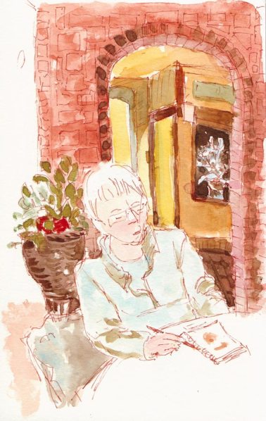 Cathy Sketching at Le Bateau Ivre, Sepia pen and watercolor, 8x5