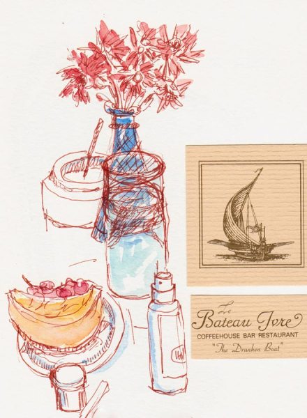 Unfinished sketch of stuff on table with bits of business card