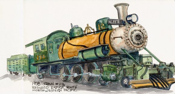 1908 Train #112 Redwood Empire Route, ink & watercolor, 5x10"