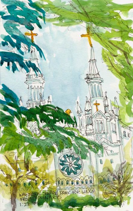 Saints Peter & Paul Church, viewed from Washington Square, Ink & watercolor, 8x5.5"