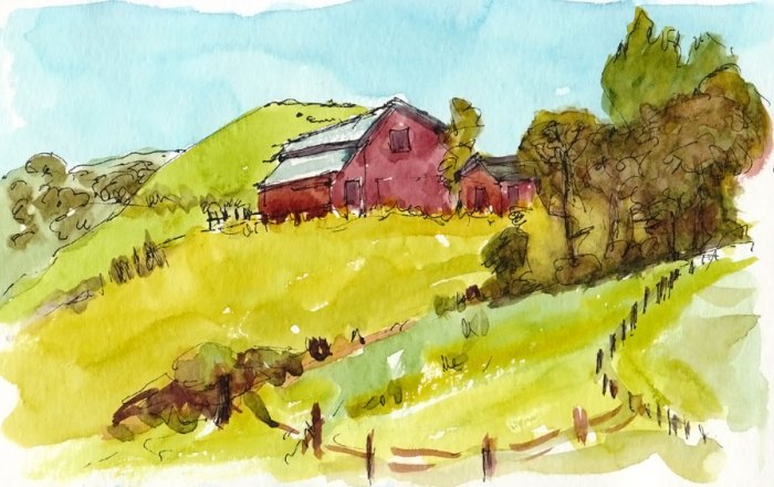 View from Bull Valley Trail Staging Area, Crockett, ink & watercolor 5x8"