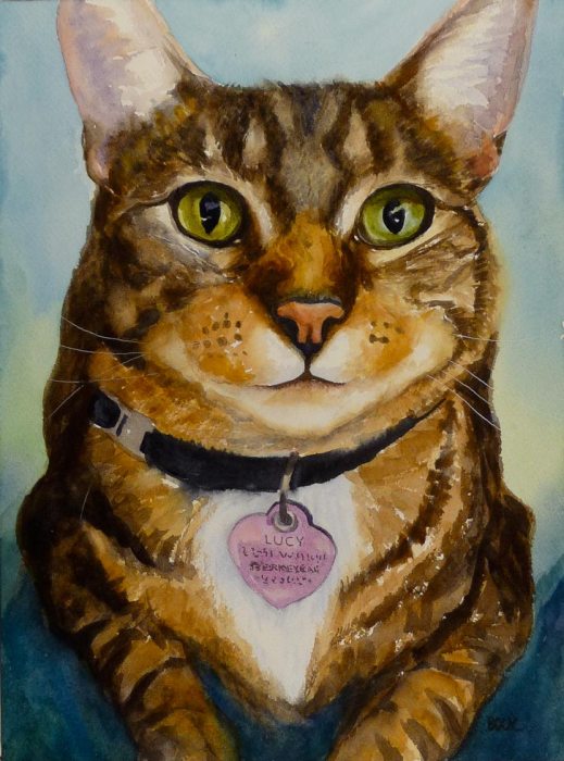 Lucy, Watercolor cat portrait on Arches paper, 12x9"