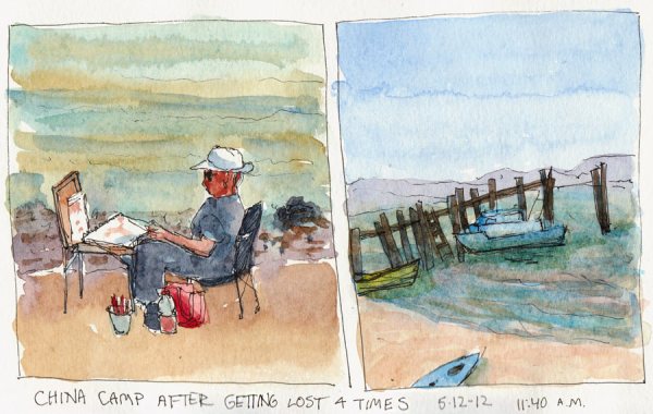 Plein Air Painter and the Old Pier at China Camp Village, ink & watercolor, 5x8" Plein Air Painter and the Old Pier at China Camp Village, ink & watercolor, 5x8"