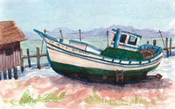 Sea Breeze, Grounded Boat at China Camp Village, ink & watercolor 5x8"