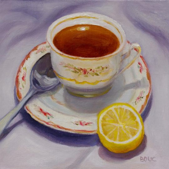 Tea and Lemon on Lavender, oil on linen panel, 8x8"