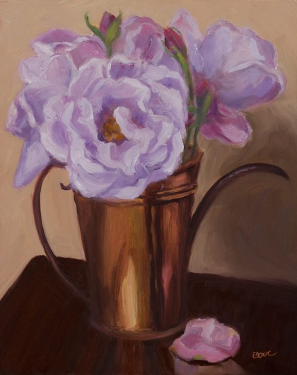 Peonies in Mom's Copper Pitcher, oil on Gessobord, 10x8"